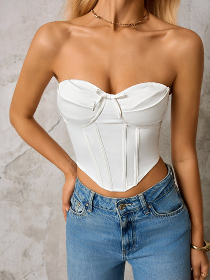 Bow Tie Front Zipper Back Asymmetrical Hem Tube Top