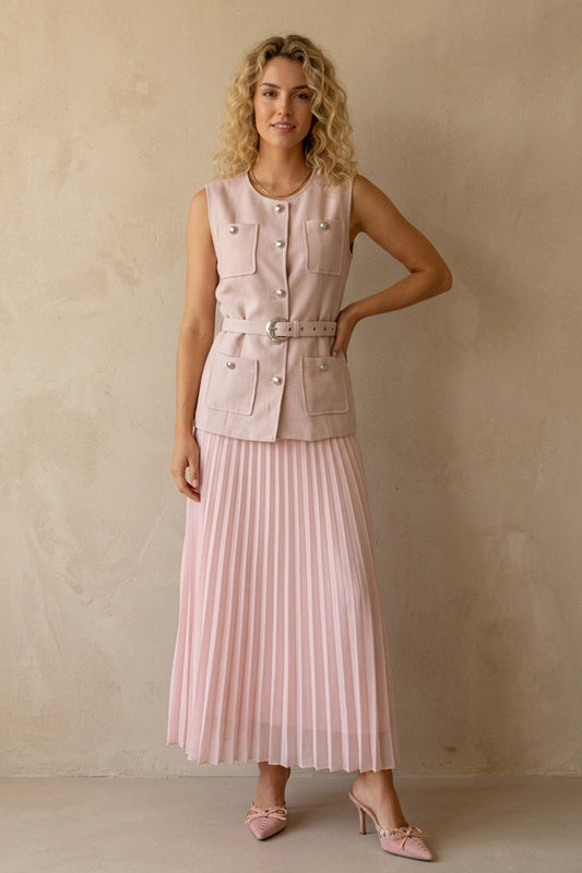 Button-down Tank Top Mesh Pleated Skirt Set