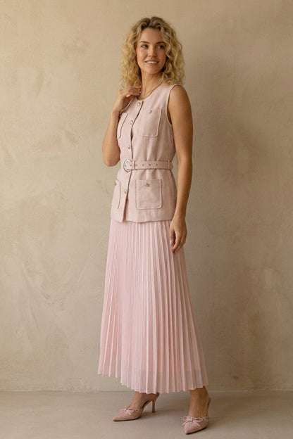 Button-down Tank Top Mesh Pleated Skirt Set