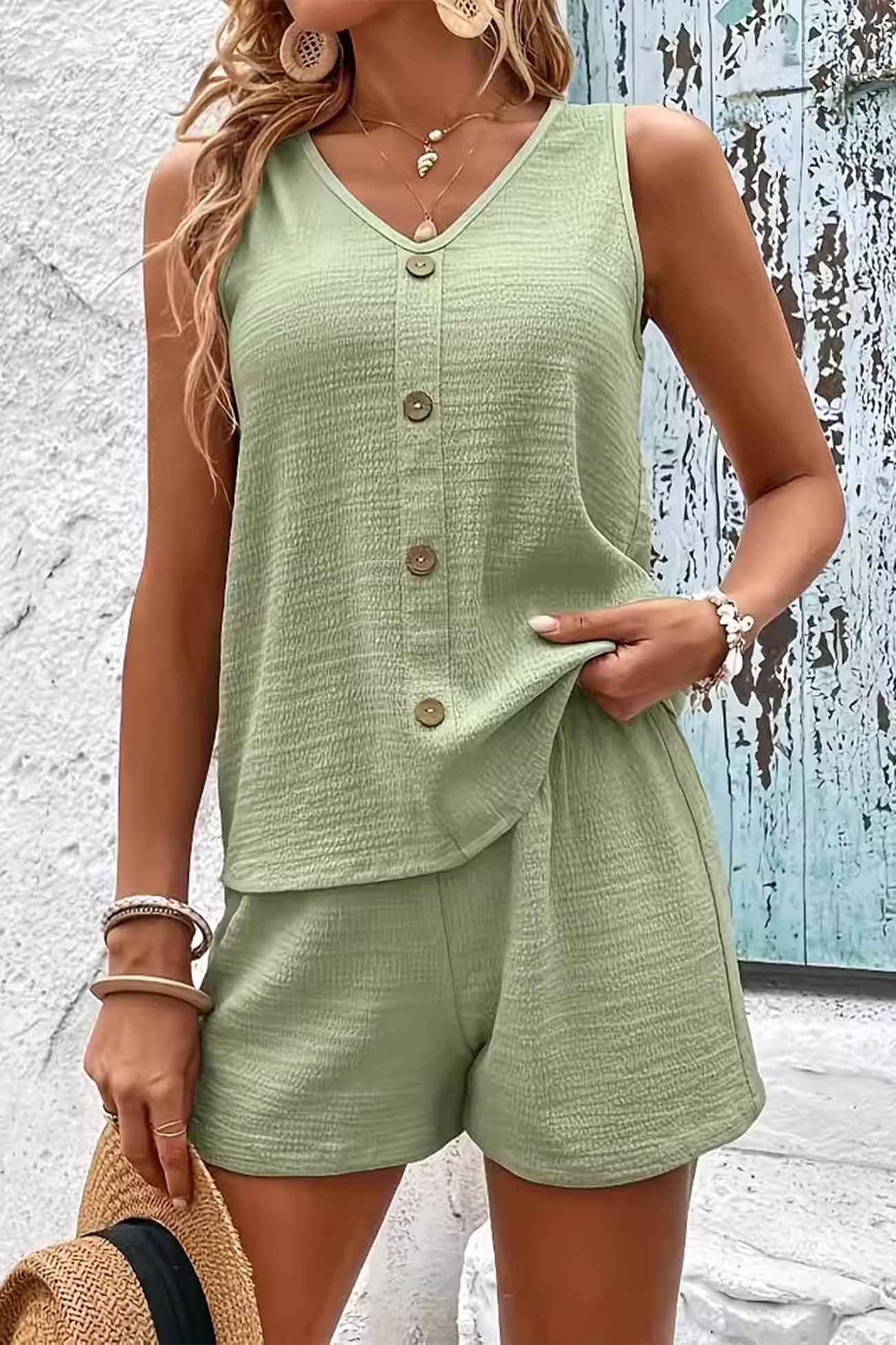 Button Decor Tank Top Shorts Set