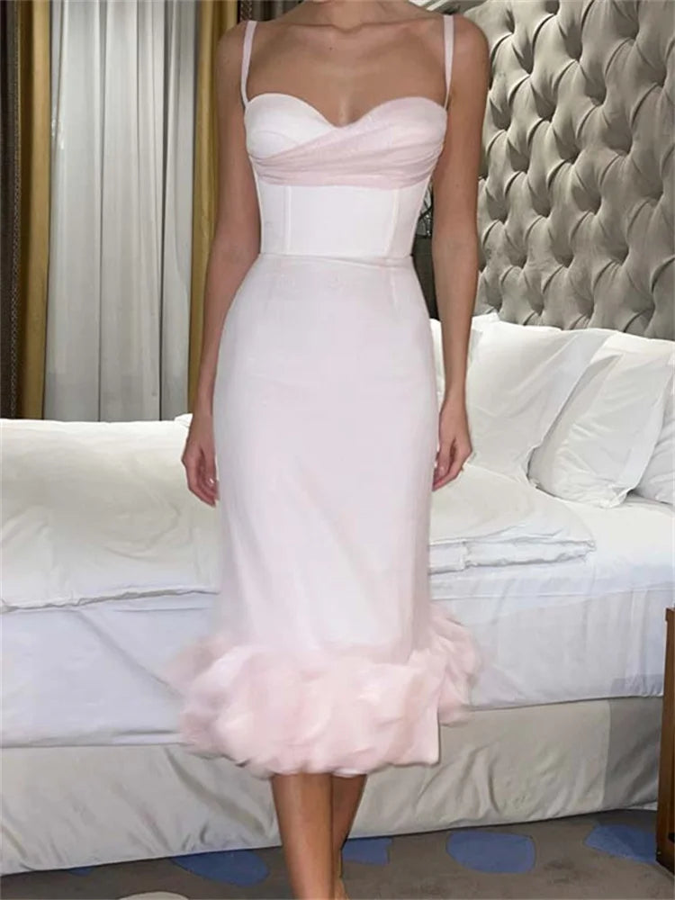 Elegant Cocktail Sleeveless Low Cut VNeck Slim Ruched Ruffles Midi Dress
