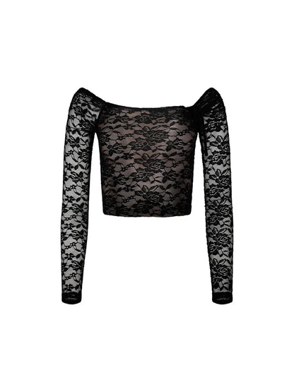 Lace Floral Slash Neck Long Sleeve Off Shoulder Spring Fall T-shirts