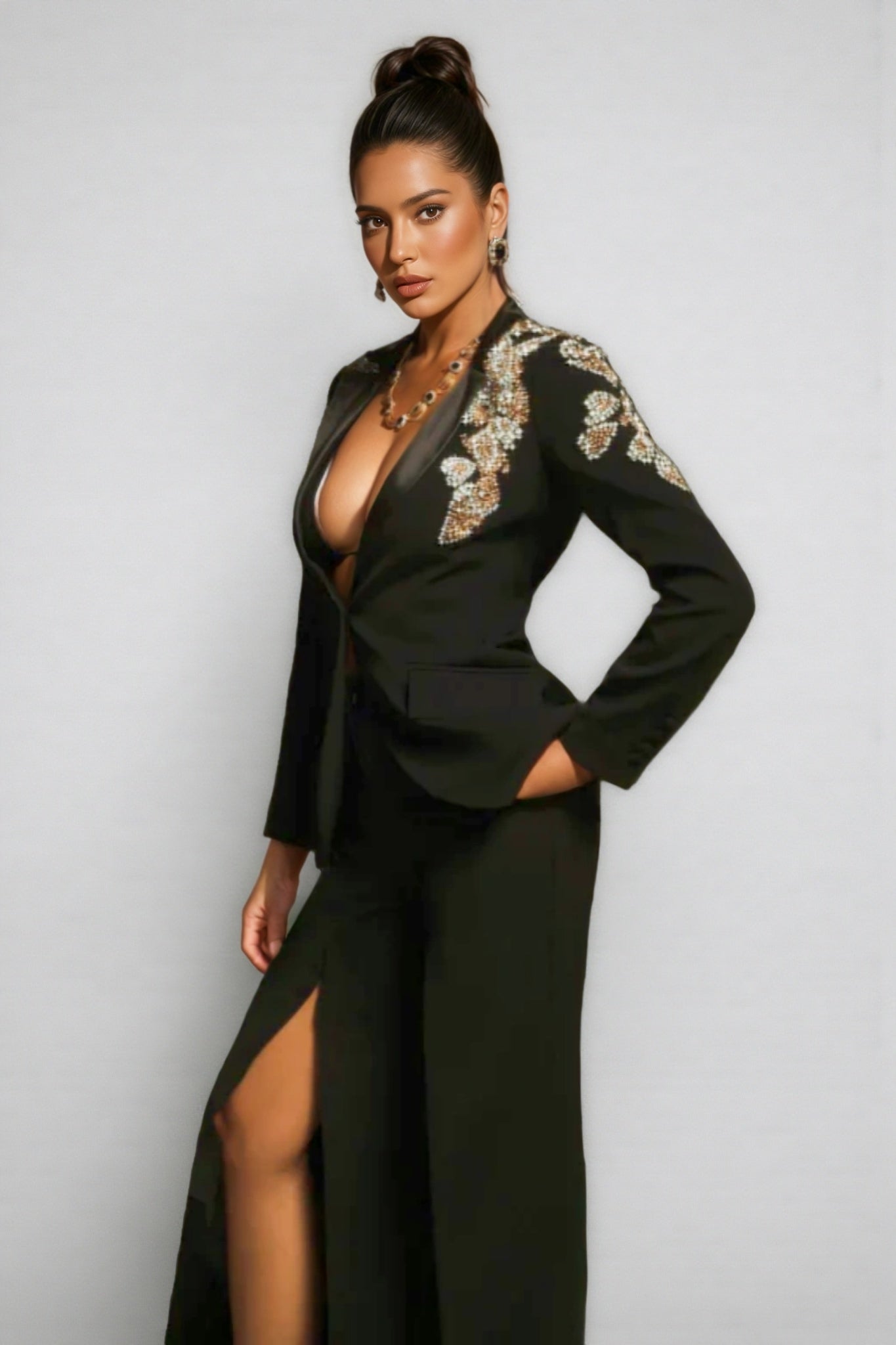 Pael Rhinestone Split Blazer Set