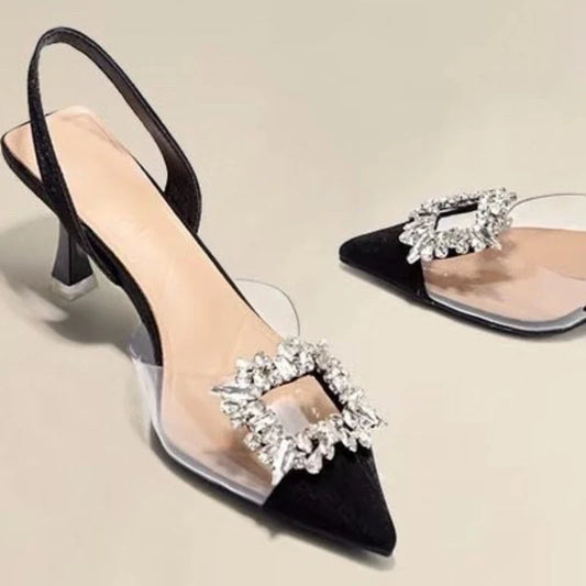 Classic Square Rhinestone Summer  Pointed Slingback Simple Elegant Low Heel Pumps