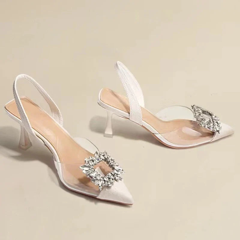 Classic Square Rhinestone Summer  Pointed Slingback Simple Elegant Low Heel Pumps