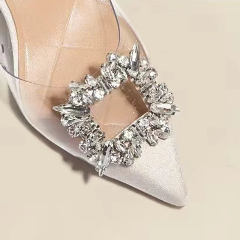 Classic Square Rhinestone Summer  Pointed Slingback Simple Elegant Low Heel Pumps