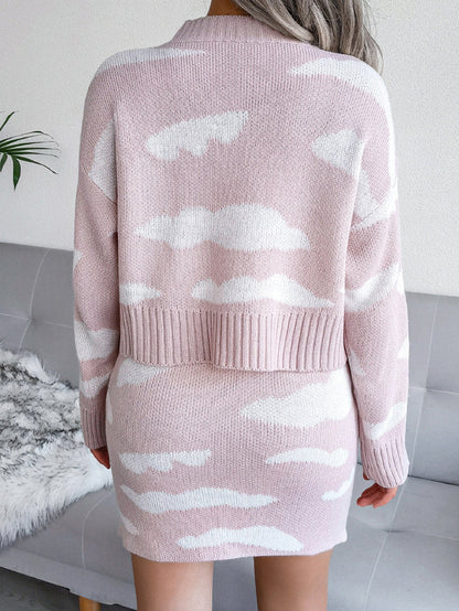 Clouds Pattern Drop Shoulder Sweater & Skirt