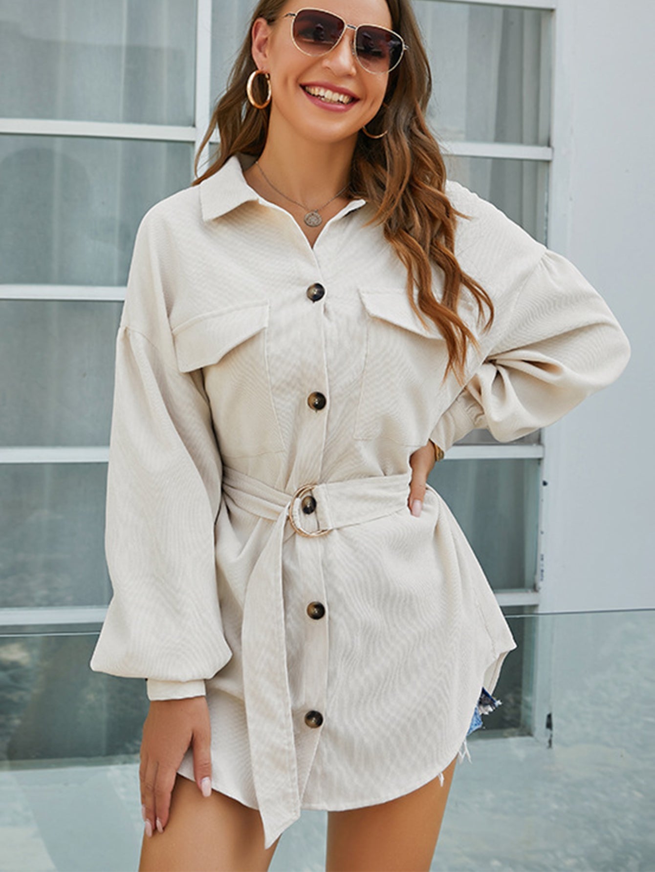 Cord Front Pockets Self Waist Tie Shirt Dress