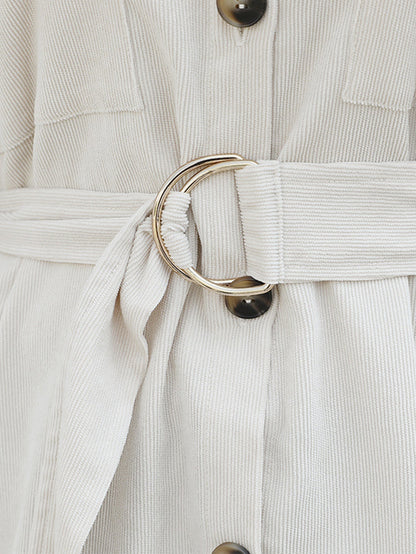 Cord Front Pockets Self Waist Tie Shirt Dress