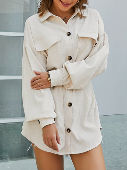Cord Front Pockets Self Waist Tie Shirt Dress