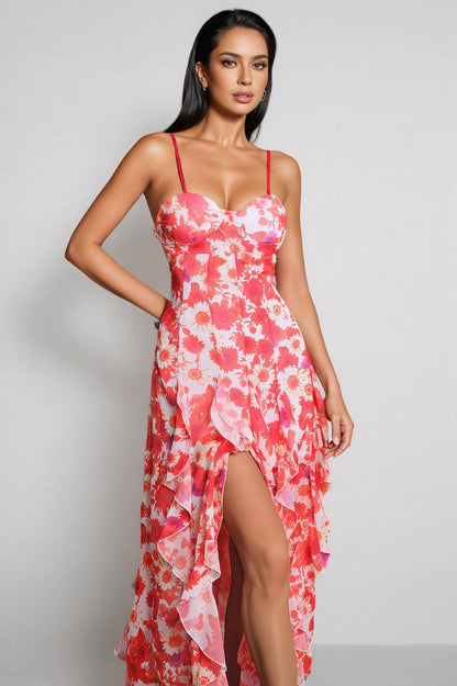 Caldrek Spaghetti Floral Ruffle Maxi Dress