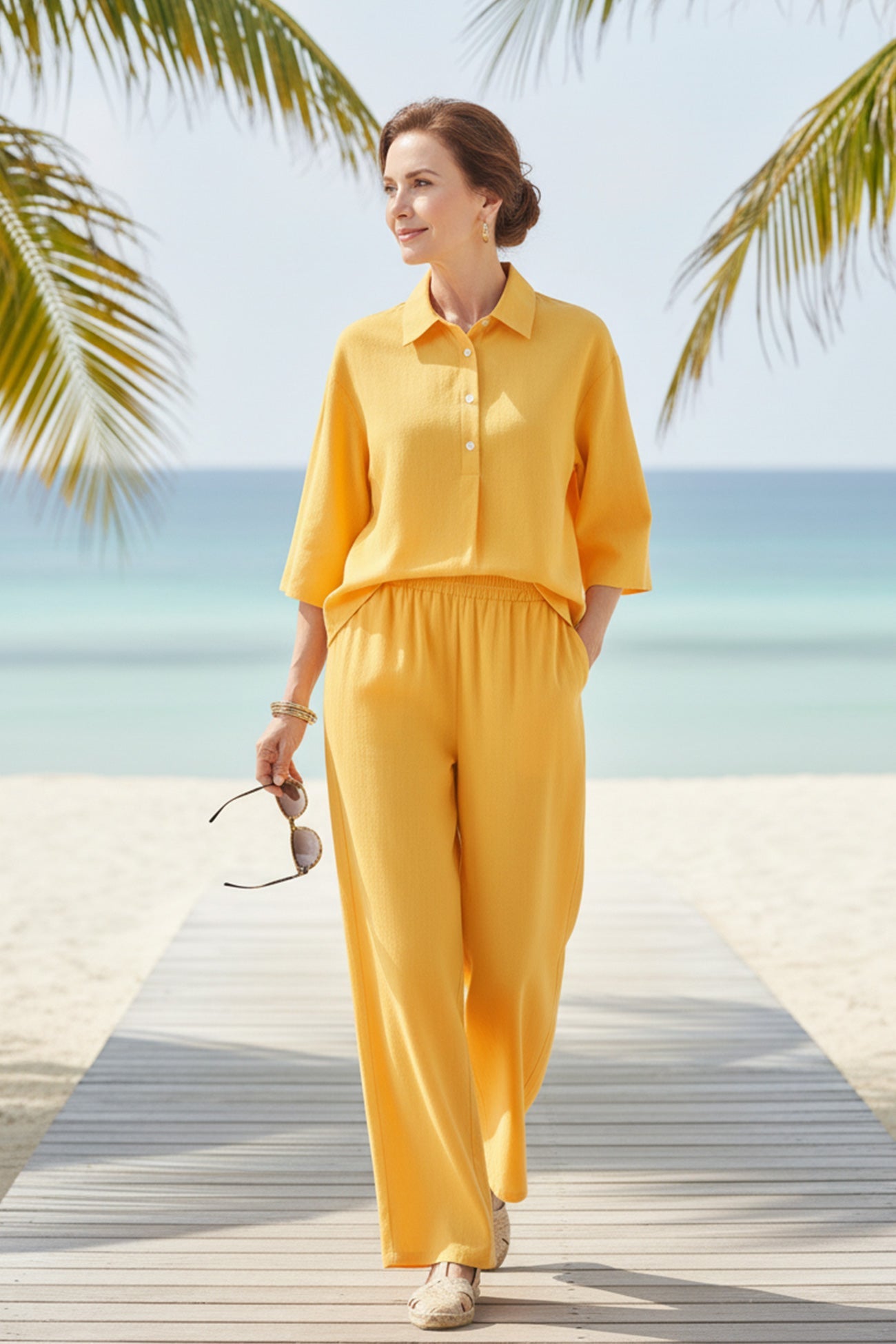 Cotton Linen Blouse Long Pants Set