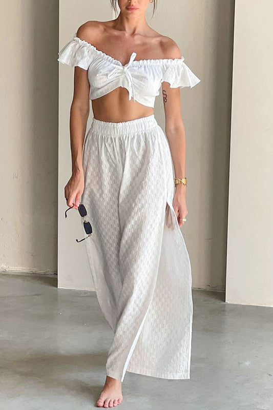 Cotton Ruffle Sleeve Slit Pants Suits