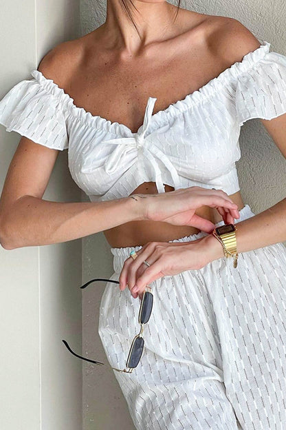 Cotton Ruffle Sleeve Slit Pants Suits