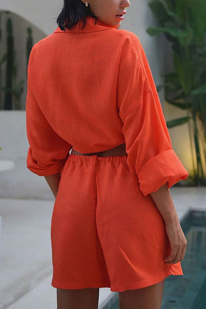 Cotton Slit Hem Blouse Shorts Suits