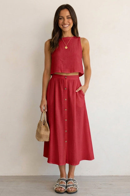 Cotton Tank Top Single-breasted Skirt Suits