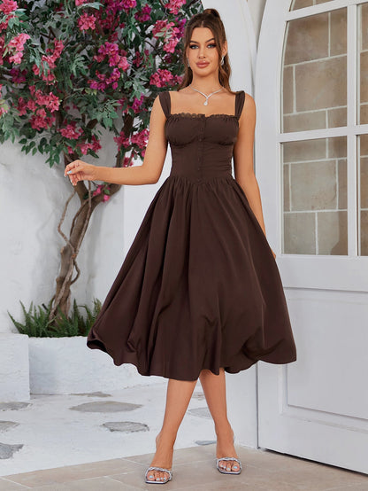 Crisscross Tie Back Button Pocket Solid Dress
