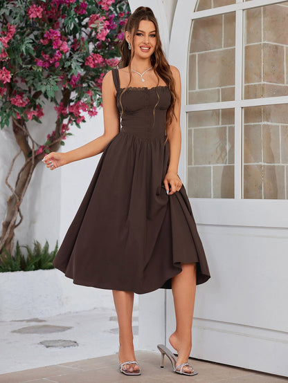 Crisscross Tie Back Button Pocket Solid Dress