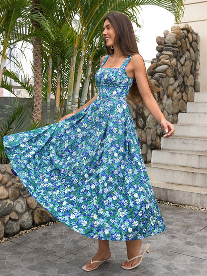 Crisscross Tie Back With Pockets Floral Print Long Dress