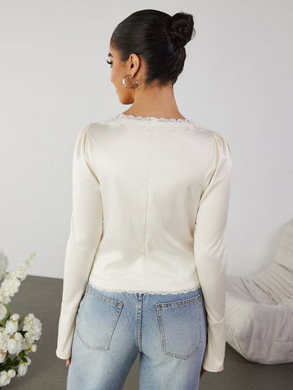 Cut Out Lace Trim Tie Front Top