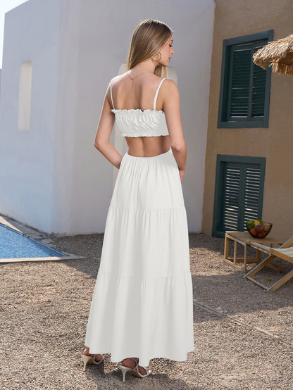 Cut Out Tie Front Flounce Trim Solid Cami Dress