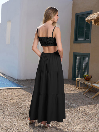 Cut Out Tie Front Flounce Trim Solid Cami Dress