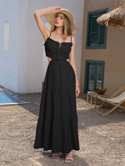 Cut Out Tie Front Flounce Trim Solid Cami Dress