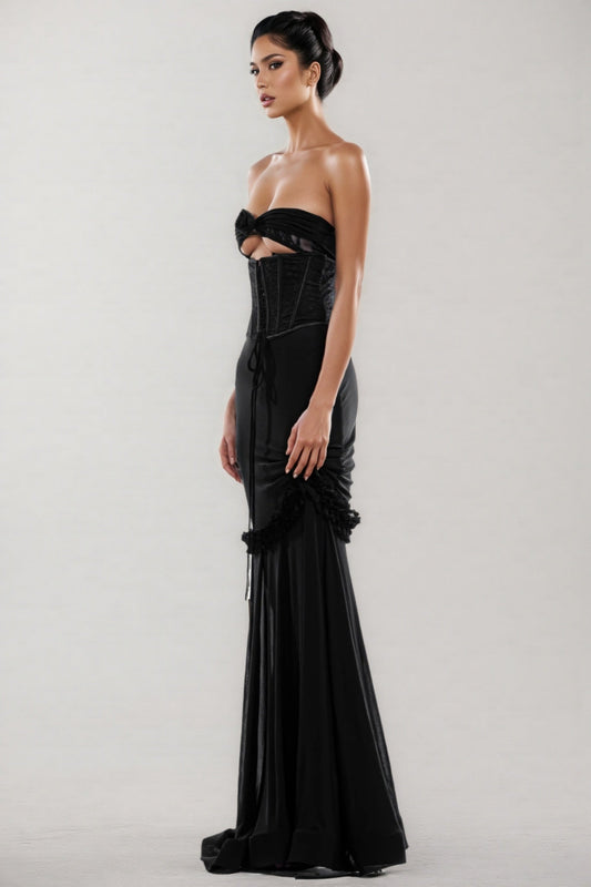 Rykelf Black Embroidered 3D Flower Maxi Dress