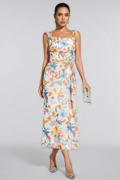 Mylel Orange Flower Waist-cinching Maxi Dress
