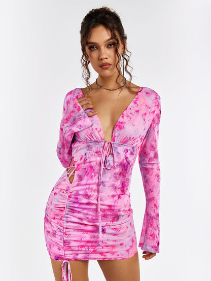 Deep V-Neck Backless Tie Floral Dress