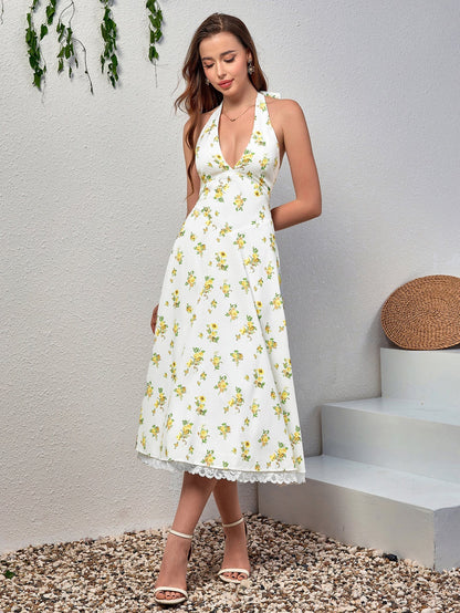 Deep V-Neck Halter Lace Spliced Floral Dress