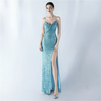 Dress Encryption Sequin Craft Beaded Sling High Fork Evening Dress