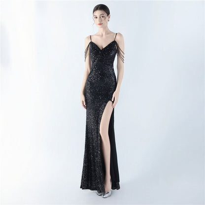 Dress Encryption Sequin Craft Beaded Sling High Fork Evening Dress