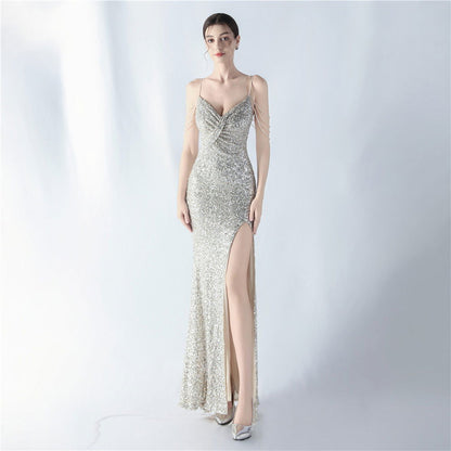Dress Encryption Sequin Craft Beaded Sling High Fork Evening Dress