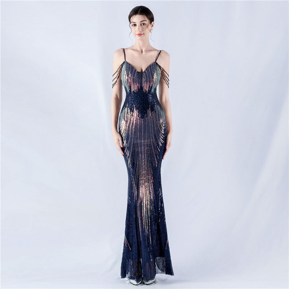 Dress Positioning Floral Sequin Craft Beaded Strap Evening Dress