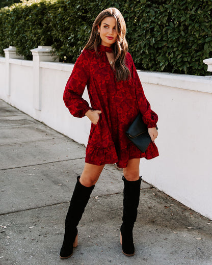 Mazy Pocketed Floral Keyhole Dress Wine