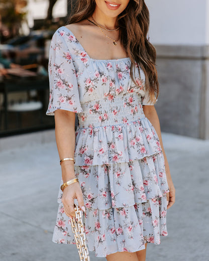 Brianna Floral Ruffle Tiered Dress Light Blue