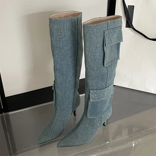 2024 New Winter  Pointed Toe Thin Heels Stripper Largas De Mujer Knee High Boots