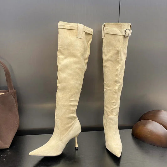 2024 Winter Buckle Strap  Pointed Toe Thin Heels Thigh Long Knee High Boots