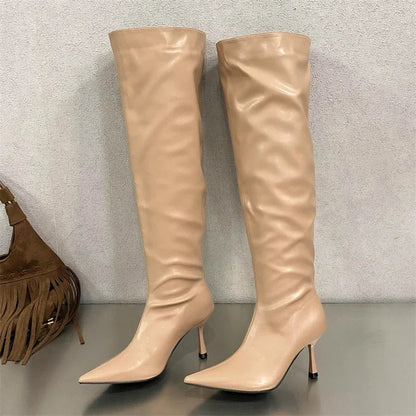 2024 Winter  Pleated Designer Pointed Toe Long Thin Heels Knee High Boots