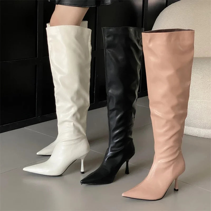 2024 Winter  Pleated Designer Pointed Toe Long Thin Heels Knee High Boots