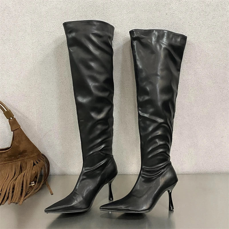 2024 Winter  Pleated Designer Pointed Toe Long Thin Heels Knee High Boots