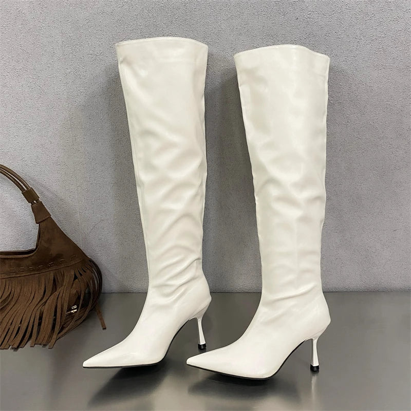 2024 Winter  Pleated Designer Pointed Toe Long Thin Heels Knee High Boots
