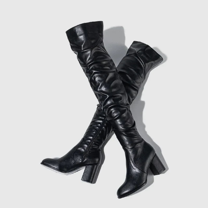 Designer Pleated OvertheHeels Runway Round Toe Zipper Knee High Boots
