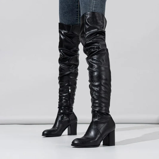 Designer Pleated OvertheHeels Runway Round Toe Zipper Knee High Boots