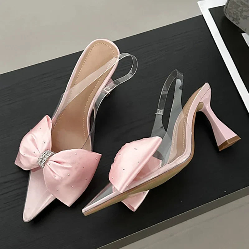 Fashion Butterflyknot Pointed Toe Women PVC Transparent Highs Wedding Banquet Mules Shoes Low Heel Pumps