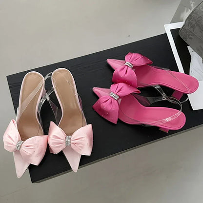 Fashion Butterflyknot Pointed Toe Women PVC Transparent Highs Wedding Banquet Mules Shoes Low Heel Pumps