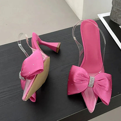 Fashion Butterflyknot Pointed Toe Women PVC Transparent Highs Wedding Banquet Mules Shoes Low Heel Pumps
