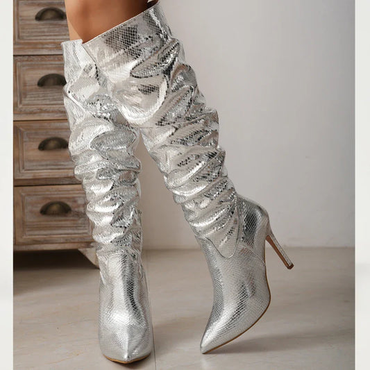 Fashion Silver  Pointed Toe Thin Heels Long Side Zipper Knee High Boots