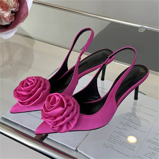 Satin Slingback Women  Design Pointed Toe Thin Highs Banquet Wedding Mule Shoes Low Heel Pumps